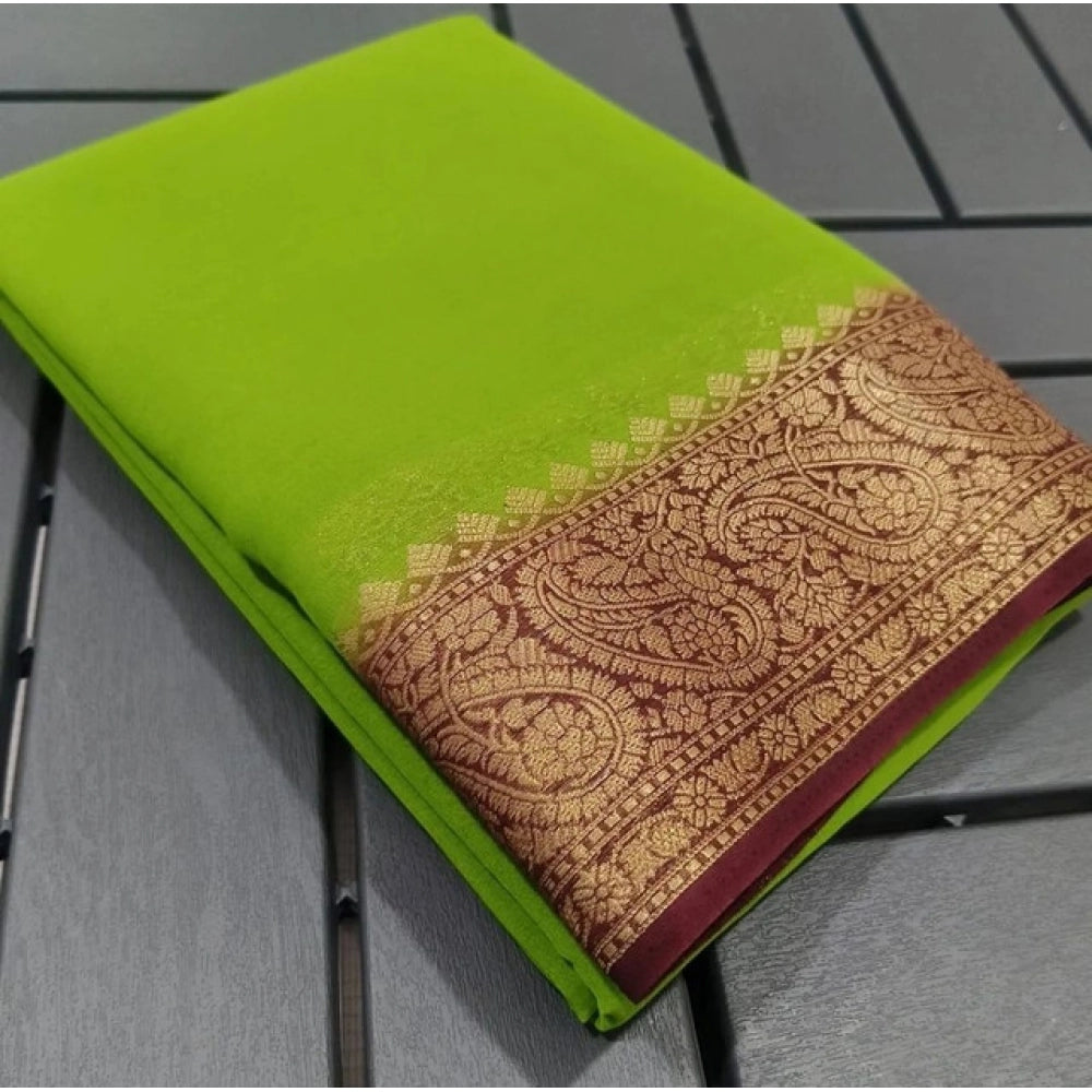 Generic Women's Crepe Chit Pallu Solid Saree With Unstitched Blouse 5.5Mtr (Green)