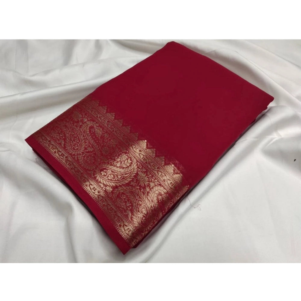 Generic Women's Crepe Chit Pallu Solid Saree With Unstitched Blouse 5.5Mtr (Maroon)