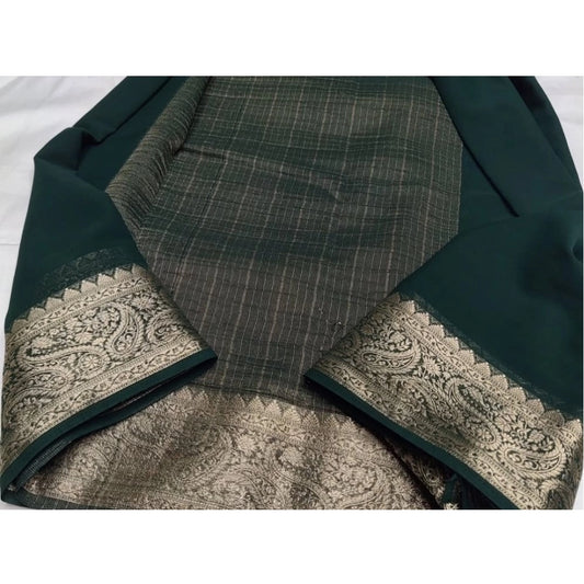 Generic Women's Crepe Chit Pallu Solid Saree With Unstitched Blouse 5.5Mtr (Bottle Green)