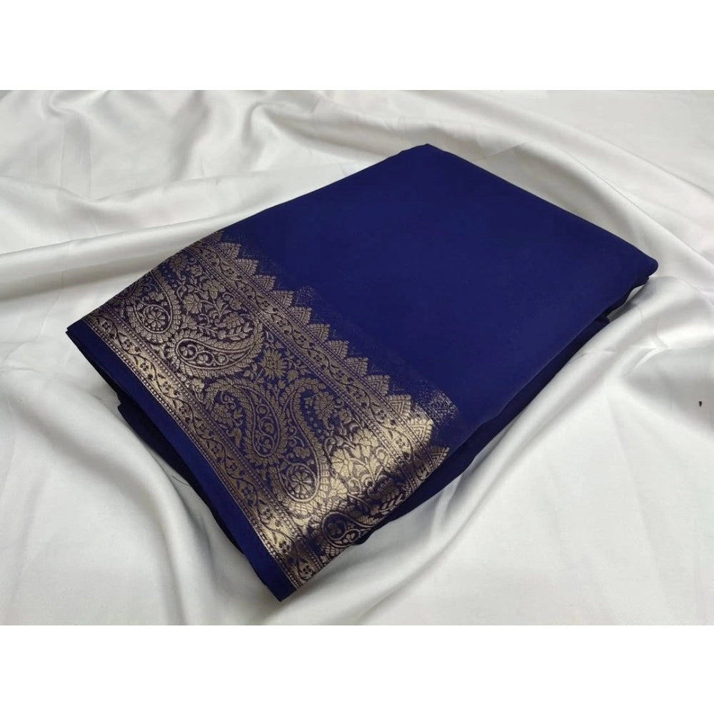 Generic Women's Crepe Chit Pallu Solid Saree With Unstitched Blouse 5.5Mtr (Blue)