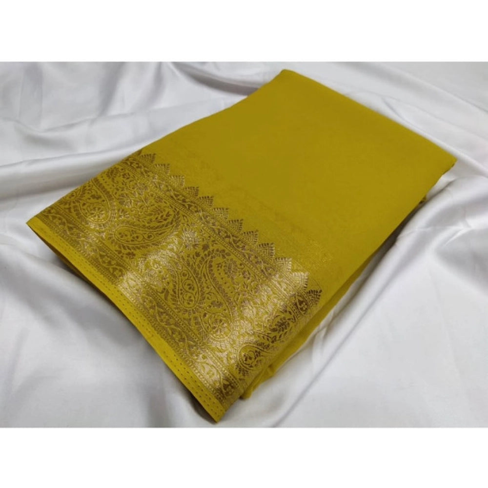 Generic Women's Crepe Chit Pallu Solid Saree With Unstitched Blouse 5.5Mtr (Mustard Yellow)