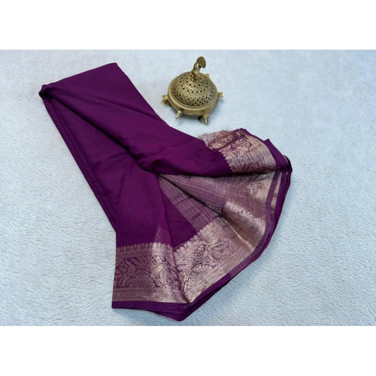 Generic Women's Crepe Chit Pallu Solid Saree With Unstitched Blouse 5.5Mtr (Purple)