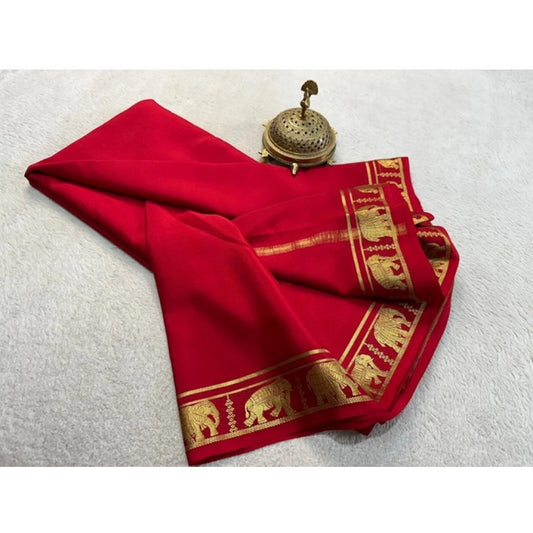 Generic Women's Crepe Chit Pallu Solid Saree With Unstitched Blouse 5.5Mtr (Red)