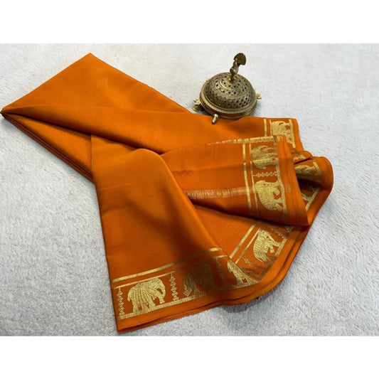 Generic Women's Crepe Chit Pallu Solid Saree With Unstitched Blouse 5.5Mtr (Orange)