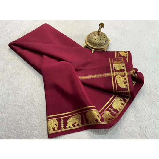 Generic Women's Crepe Chit Pallu Solid Saree With Unstitched Blouse 5.5Mtr (Maroon)