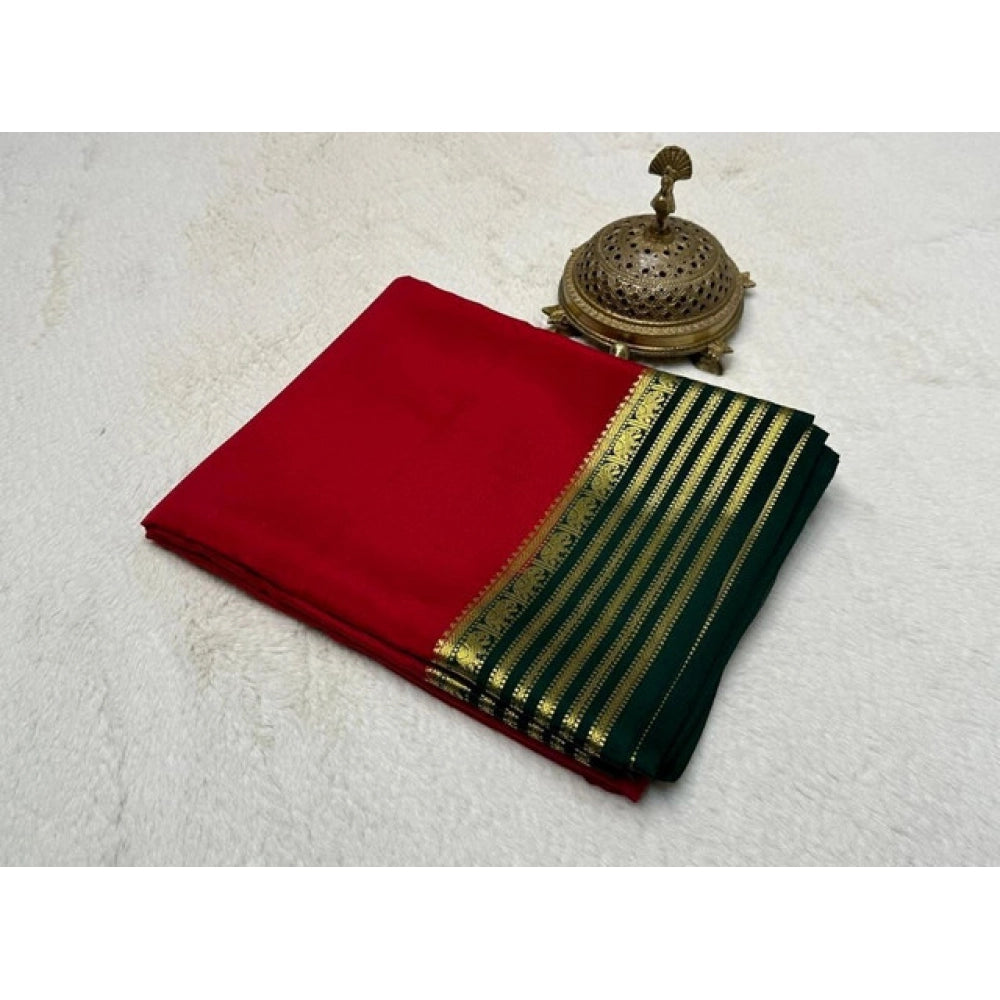 Generic Women's Crepe Chit Pallu Solid Saree With Unstitched Blouse 5.5Mtr (Red)