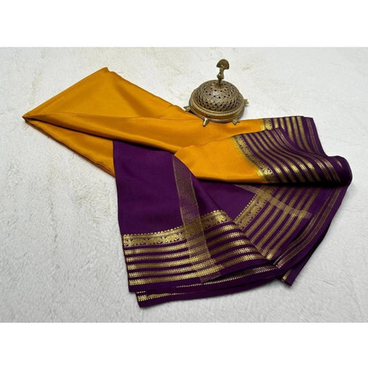 Generic Women's Crepe Chit Pallu Solid Saree With Unstitched Blouse 5.5Mtr (Gold)