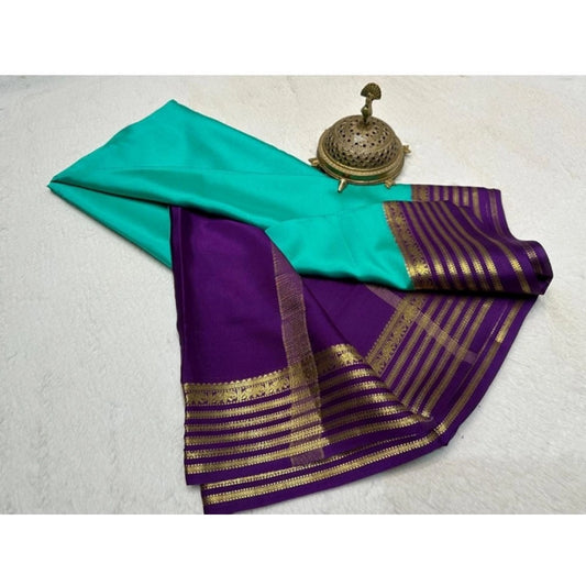 Generic Women's Crepe Chit Pallu Solid Saree With Unstitched Blouse 5.5Mtr (Sky Blue)