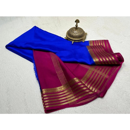 Generic Women's Crepe Chit Pallu Solid Saree With Unstitched Blouse 5.5Mtr (Navy Blue)