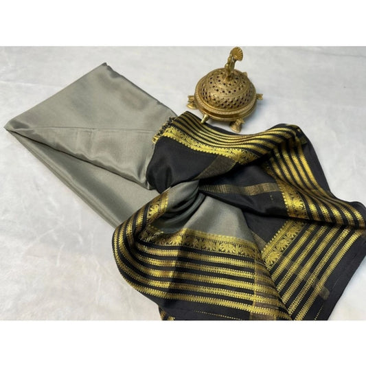 Generic Women's Crepe Chit Pallu Solid Saree With Unstitched Blouse 5.5Mtr (Gray)