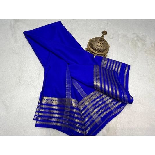 Generic Women's Crepe Chit Pallu Solid Saree With Unstitched Blouse 5.5Mtr (Blue)