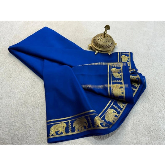 Generic Women's Crepe Chit Pallu Solid Saree With Unstitched Blouse 5.5Mtr (Navy Blue)