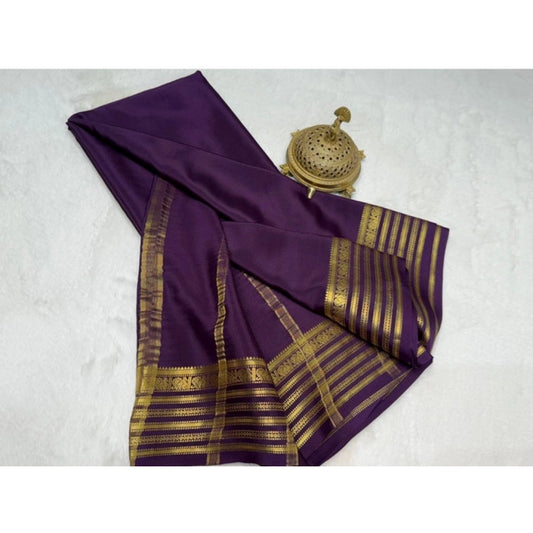 Generic Women's Crepe Chit Pallu Solid Saree With Unstitched Blouse 5.5Mtr (Dark Purple)
