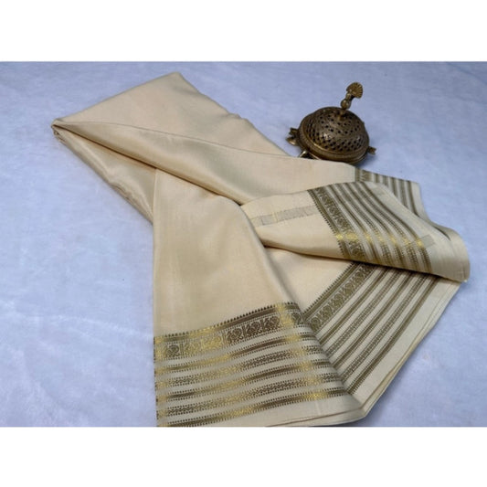 Generic Women's Crepe Chit Pallu Solid Saree With Unstitched Blouse 5.5Mtr (Beige)