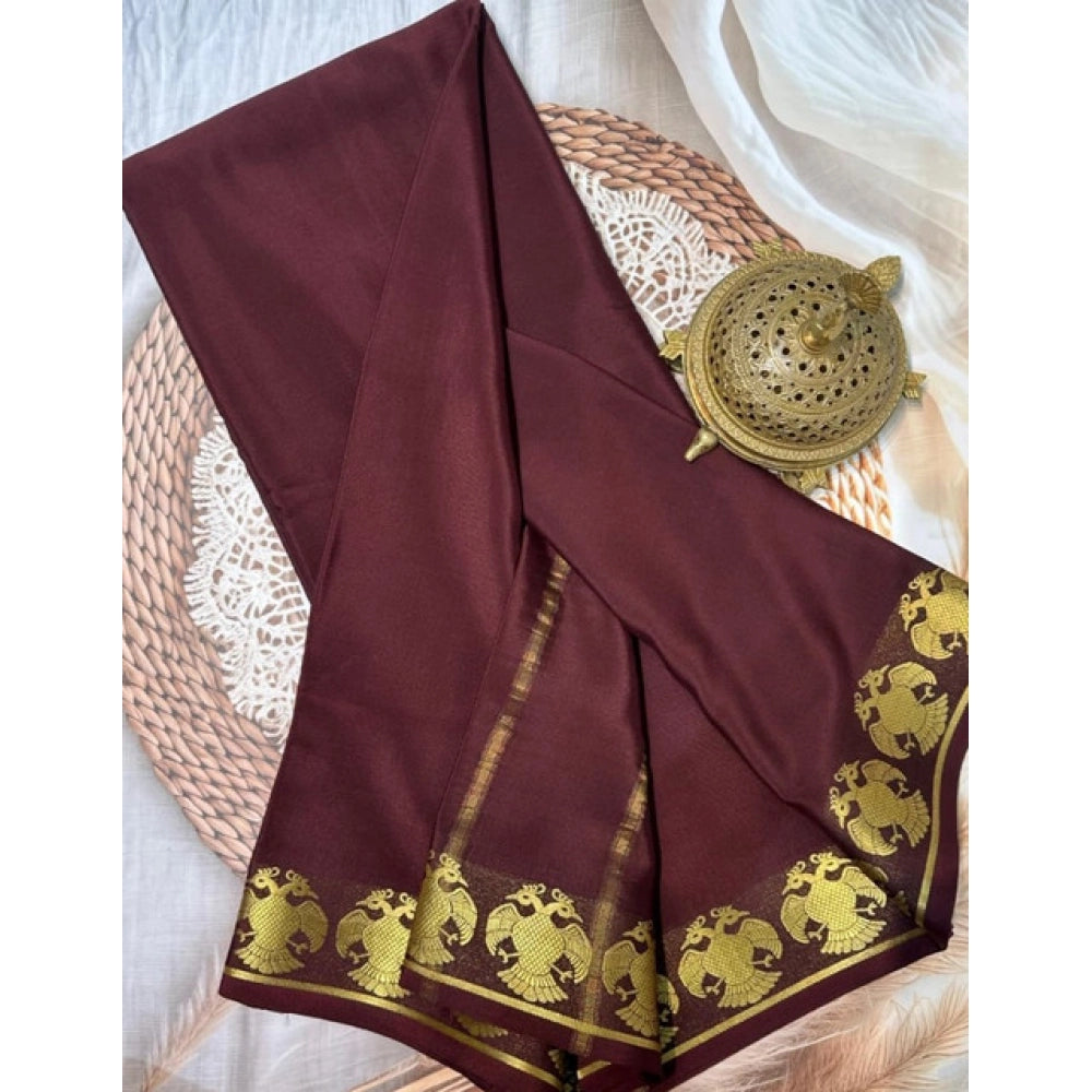 Generic Women's Crepe Chit Pallu Solid Saree With Unstitched Blouse 5.5Mtr (Brown)