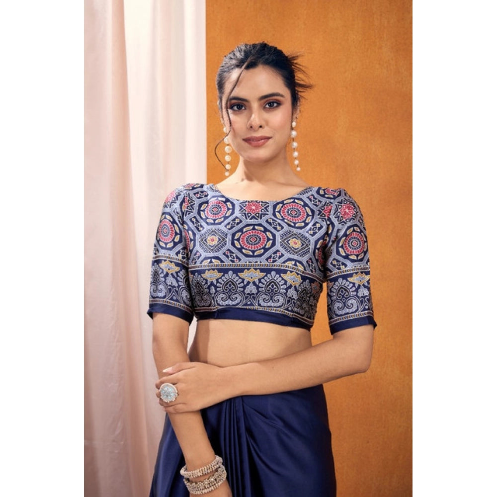 Generic Women's Satin Crepe Printed Saree With Unstitched Blouse 5.5Mtr (Navy Blue)