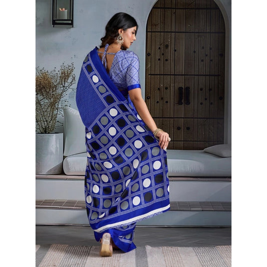 Generic Women's Satin Crepe Printed Saree With Unstitched Blouse 5.5Mtr (Blue)