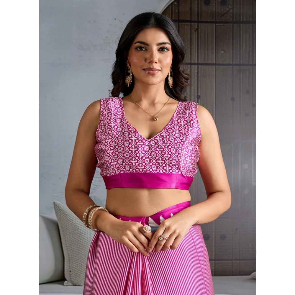 Generic Women's Satin Crepe Printed Saree With Unstitched Blouse 5.5Mtr (Pink)