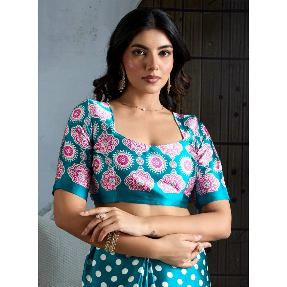 Generic Women's Satin Crepe Printed Saree With Unstitched Blouse 5.5Mtr (Sky Blue)