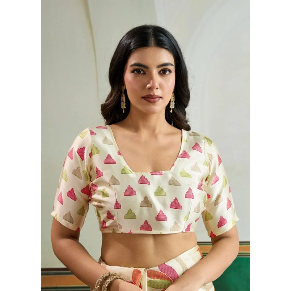 Generic Women's Satin Crepe Printed Saree With Unstitched Blouse 5.5Mtr (Off White)