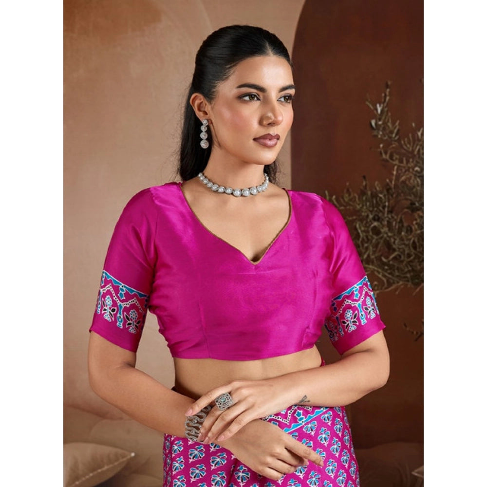 Generic Women's Satin Crepe Printed Saree With Unstitched Blouse 5.5Mtr (Pink)