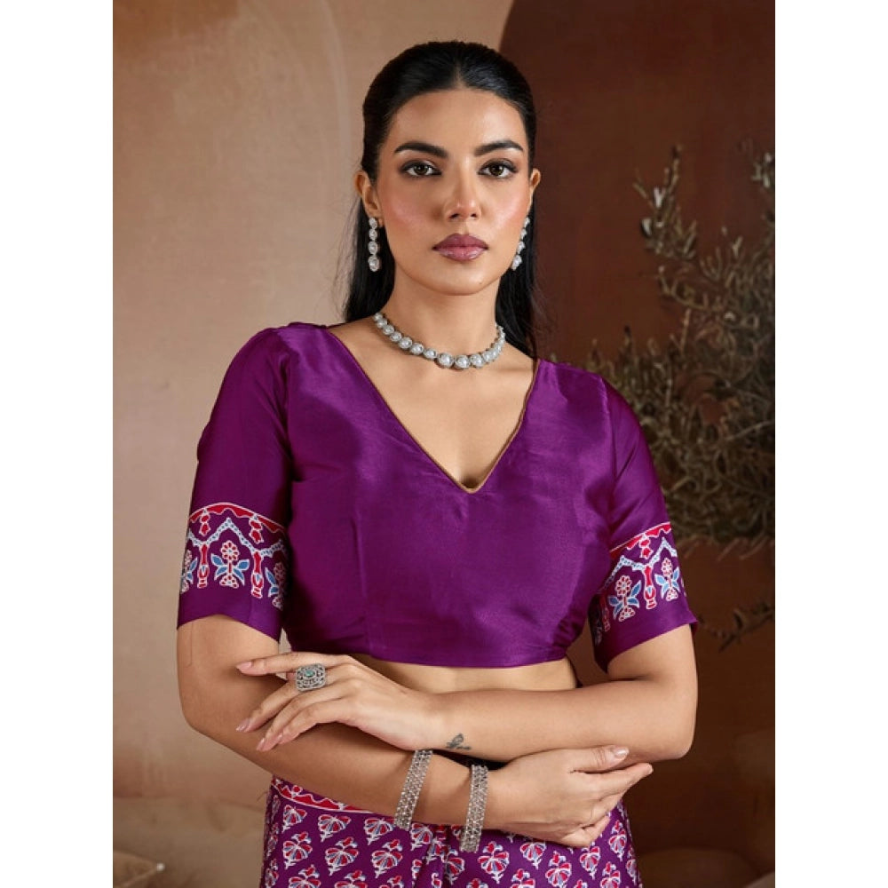 Generic Women's Satin Crepe Printed Saree With Unstitched Blouse 5.5Mtr (Purple)