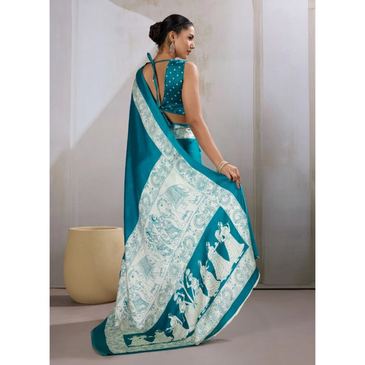 Generic Women's Satin Crepe Printed Saree With Unstitched Blouse 5.5Mtr (Sky Blue)