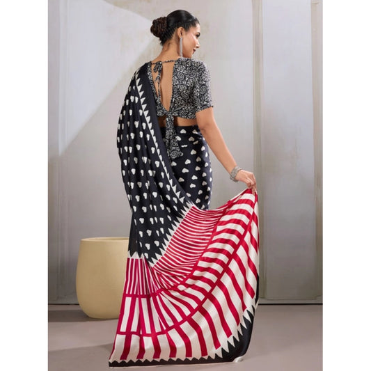 Generic Women's Satin Crepe Printed Saree With Unstitched Blouse 5.5Mtr (Black)