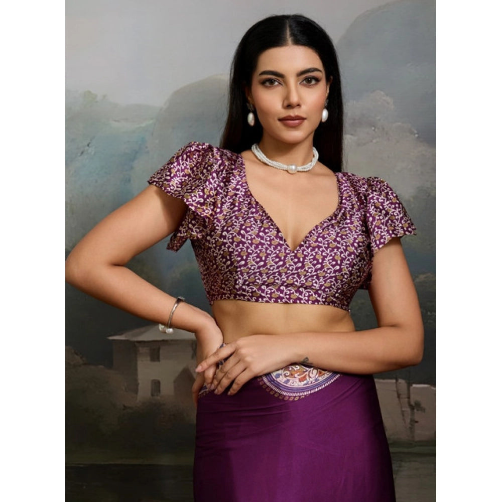 Generic Women's Satin Crepe Printed Saree With Unstitched Blouse 5.5Mtr (Purple)