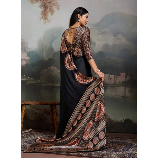 Generic Women's Satin Crepe Printed Saree With Unstitched Blouse 5.5Mtr (Black)