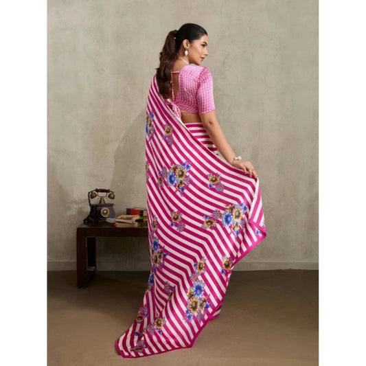 Generic Women's Satin Crepe Printed Saree With Unstitched Blouse 5.5Mtr (Pink)