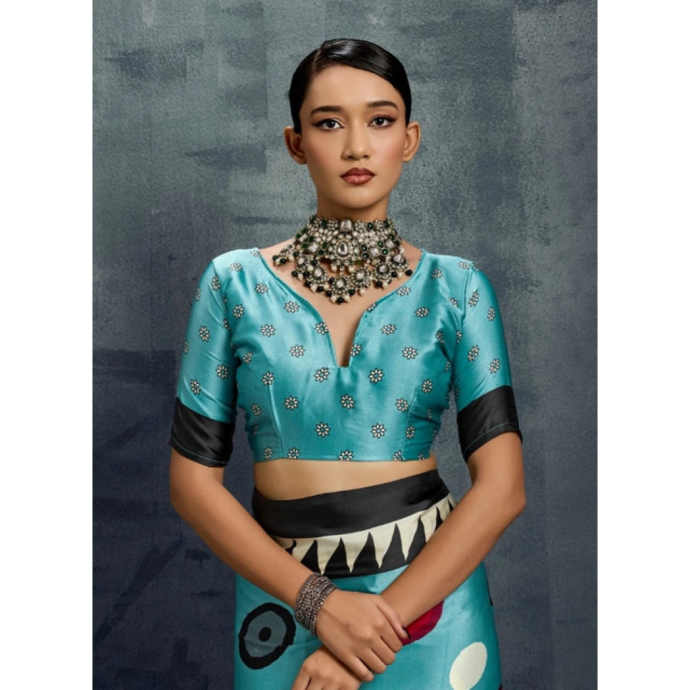 Generic Women's Satin Crepe Printed Saree With Unstitched Blouse 5.5Mtr (Sky Blue)