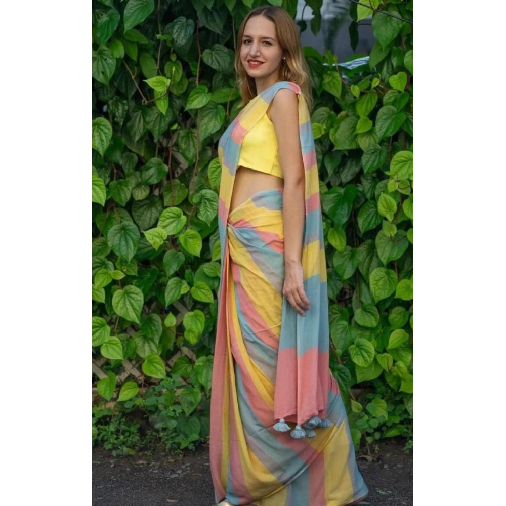 Generic Women's Linen Printed Saree With Unstitched Blouse 5.5Mtr (Multicolor)