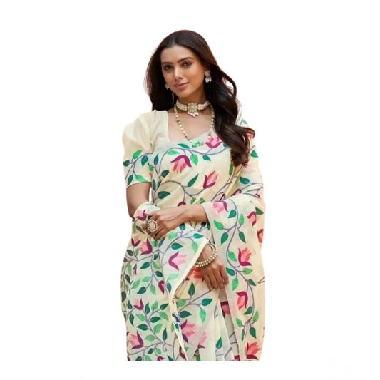 Generic Women's Georgette Printed Saree With Unstitched Blouse 5.5Mtr (Cream)