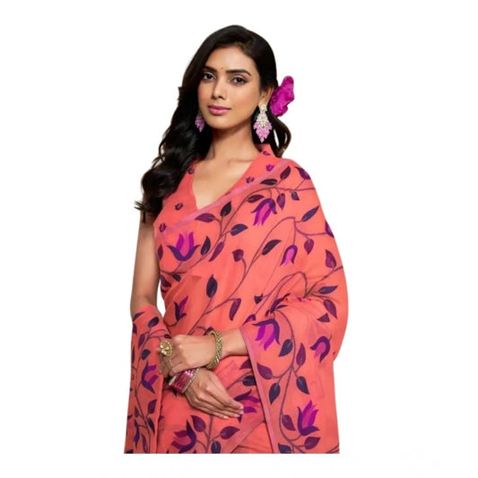 Generic Women's Georgette Printed Saree With Unstitched Blouse 5.5Mtr (Peach)