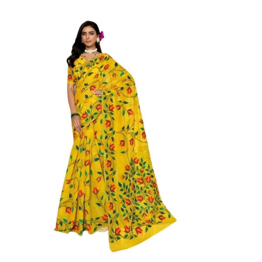 Generic Women's Georgette Printed Saree With Unstitched Blouse 5.5Mtr (Yellow)