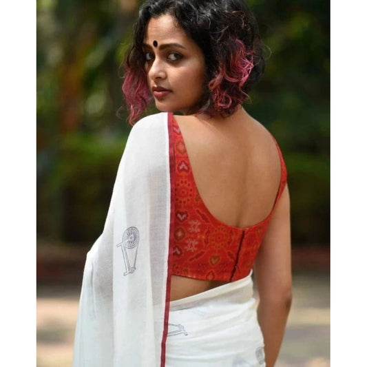 Generic Women's Linen Printed Saree With Unstitched Blouse 5.5Mtr (White)