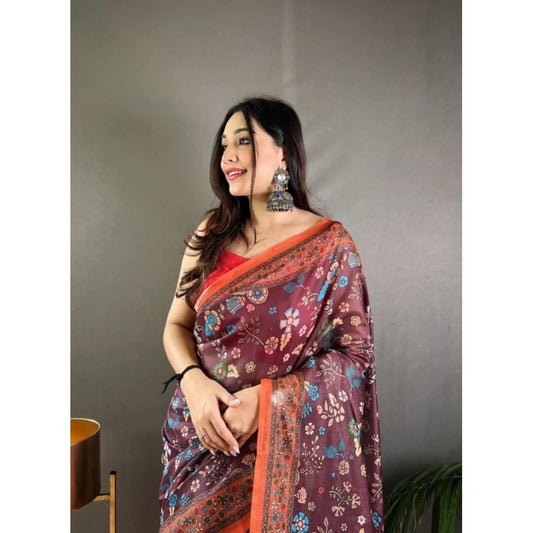 Generic Women's Linen Printed Saree With Unstitched Blouse 5.5Mtr (Brown)