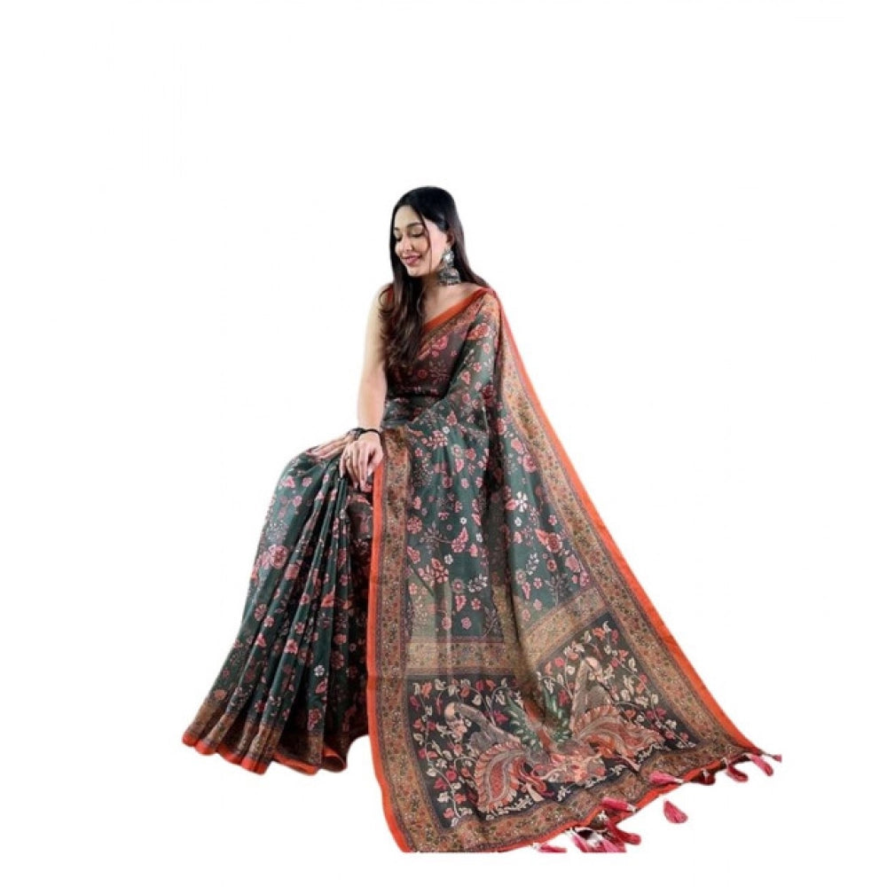 Generic Women's Linen Printed Saree With Unstitched Blouse 5.5Mtr (Green)