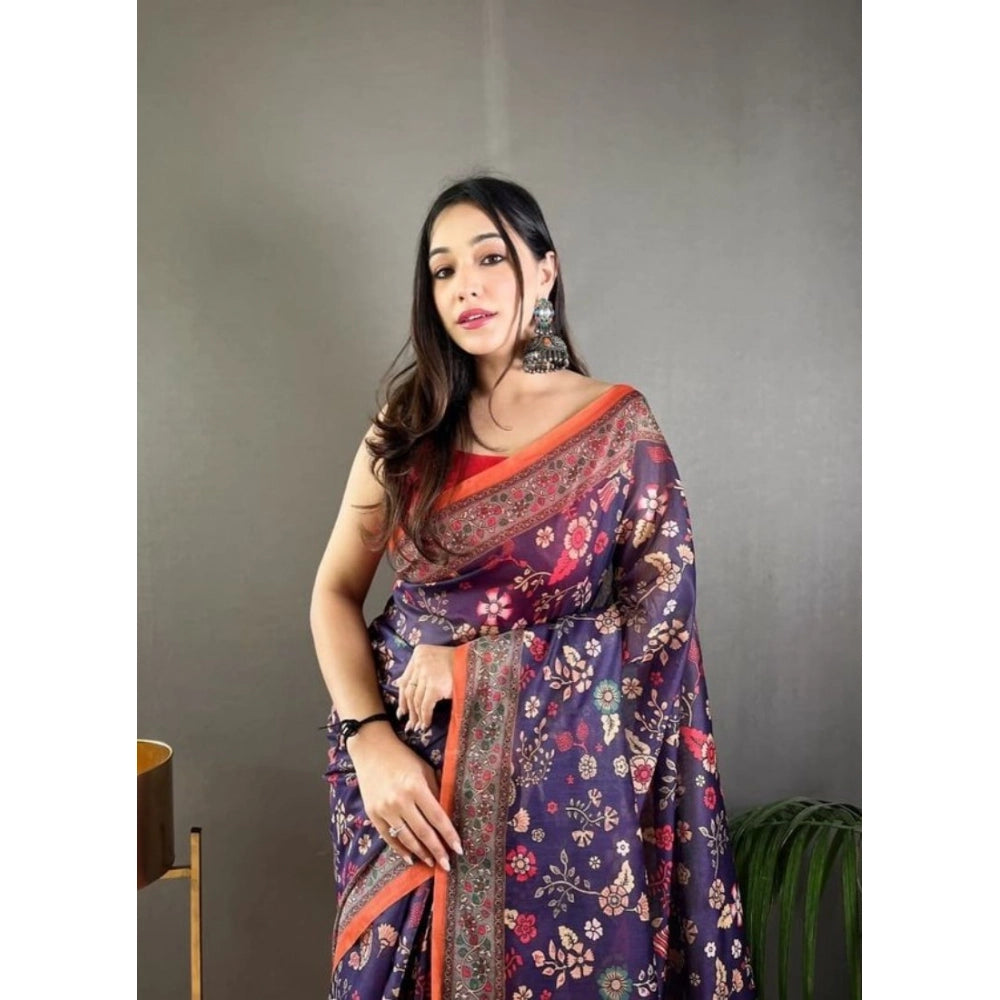 Generic Women's Linen Printed Saree With Unstitched Blouse 5.5Mtr (Blue)