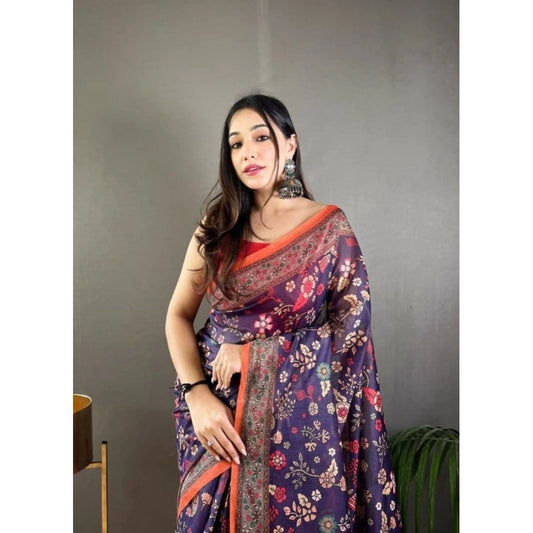 Generic Women's Linen Printed Saree With Unstitched Blouse 5.5Mtr (Blue)