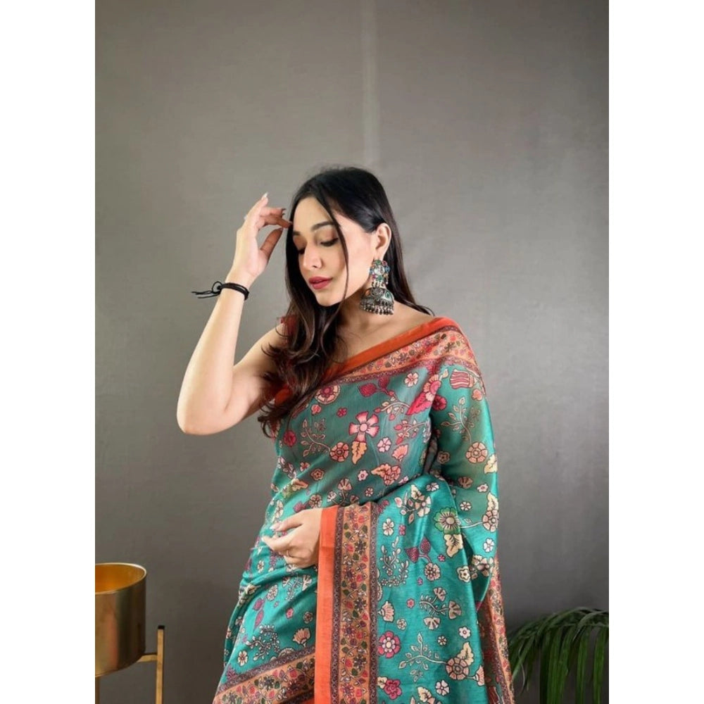 Generic Women's Linen Printed Saree With Unstitched Blouse 5.5Mtr (Olive)