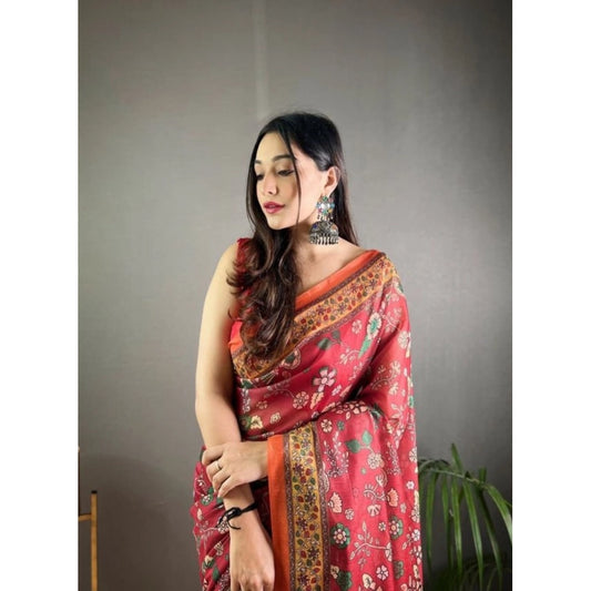 Generic Women's Linen Printed Saree With Unstitched Blouse 5.5Mtr (Red)