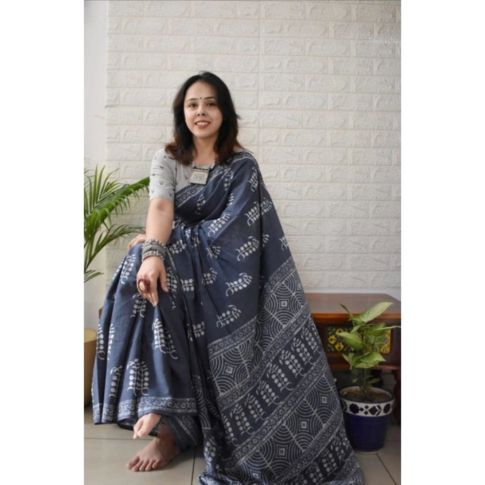 Generic Women's Linen Printed Saree With Unstitched Blouse 5.5Mtr (Grey)