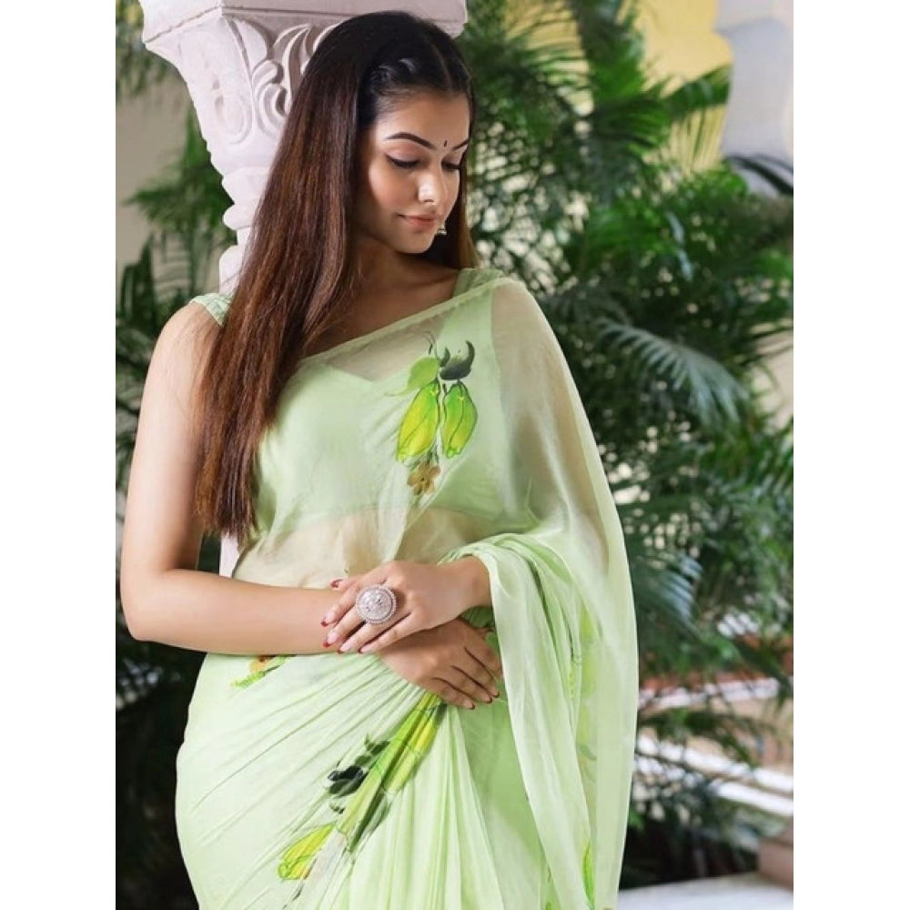 Generic Women's Linen Printed Saree With Unstitched Blouse 5.5Mtr (Green)