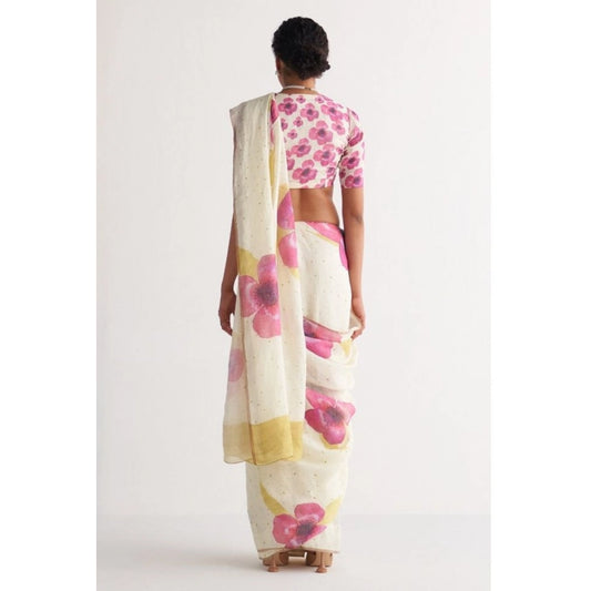Generic Women's Linen Printed Saree With Unstitched Blouse 5.5Mtr (White)
