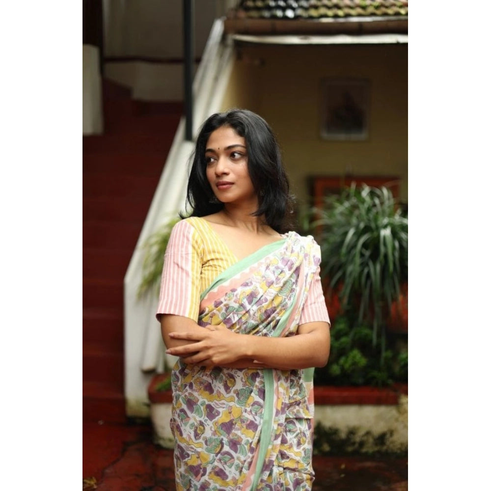 Generic Women's Linen Printed Saree With Unstitched Blouse 5.5Mtr (Multicolor)