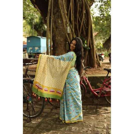 Generic Women's Linen Printed Saree With Unstitched Blouse 5.5Mtr (Blue)