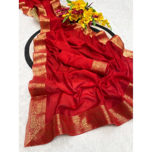 Generic Women's Vichitra Silk Printed Saree With Unstitched Blouse 5.5Mtr (Red)