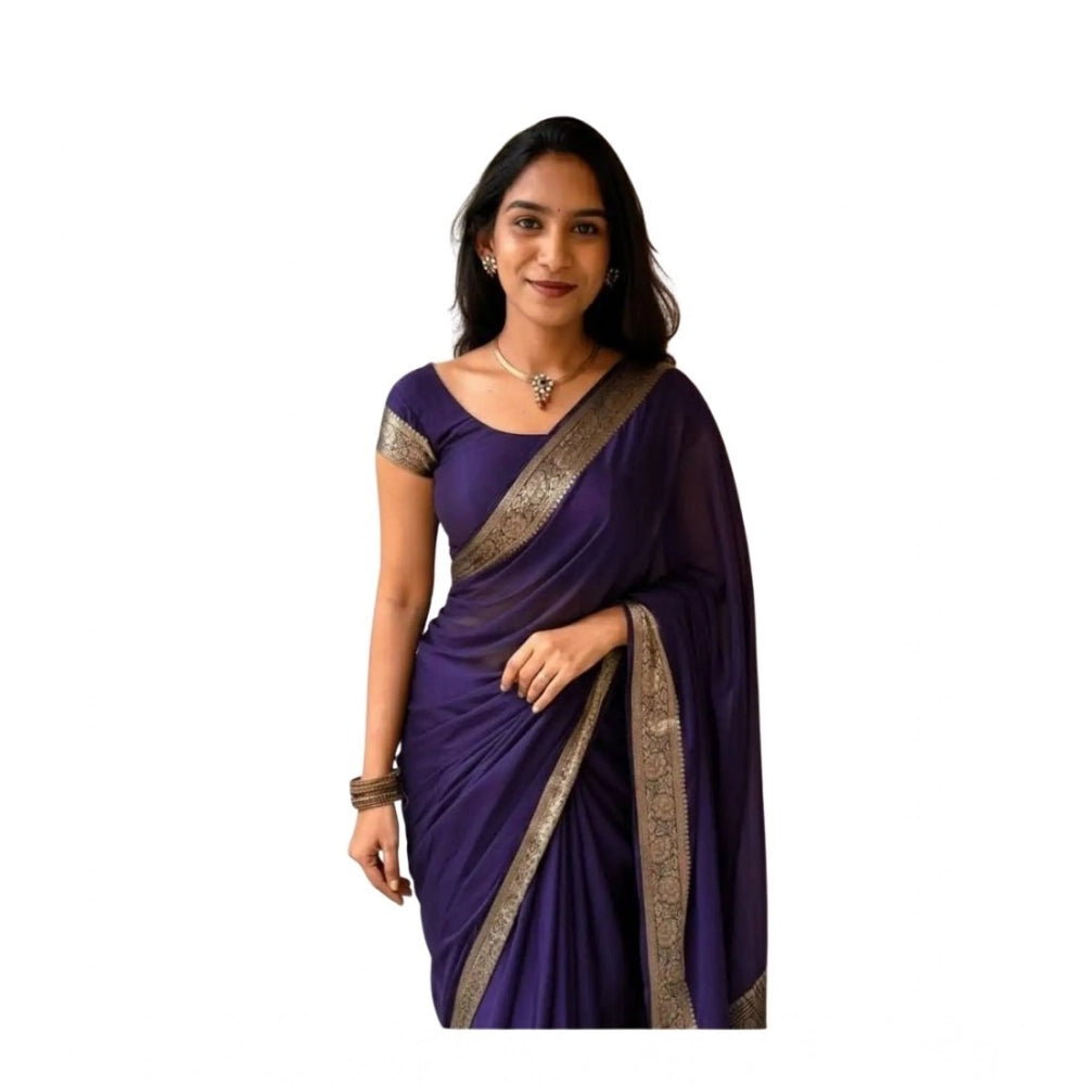 Generic Women's Vichitra Silk Printed Saree With Unstitched Blouse 5.5Mtr (Purple)